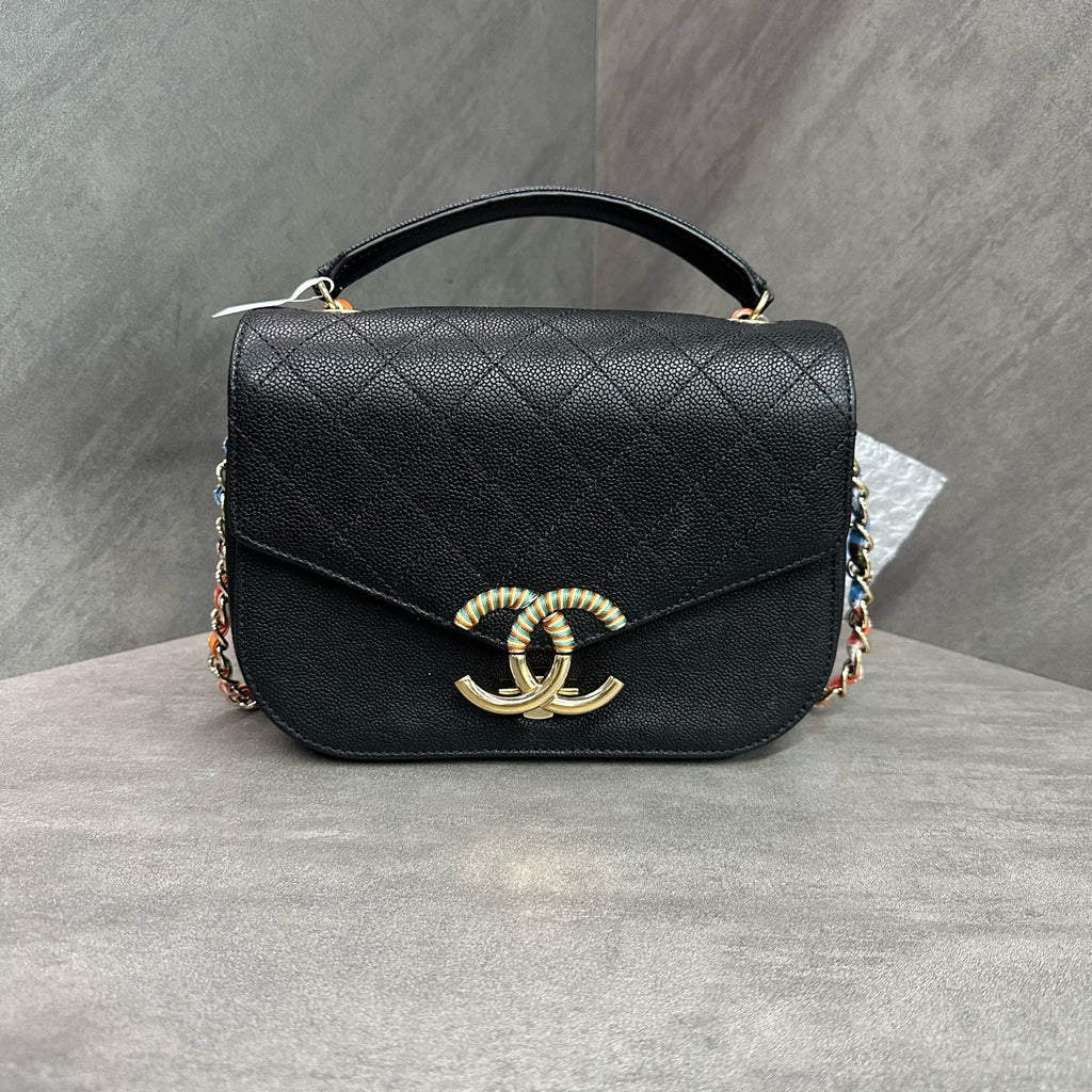 Chanel Cuban Messenger Bag, black litchi calfskin, gold mandarin duck clasp, clean interior, 23-series serial number