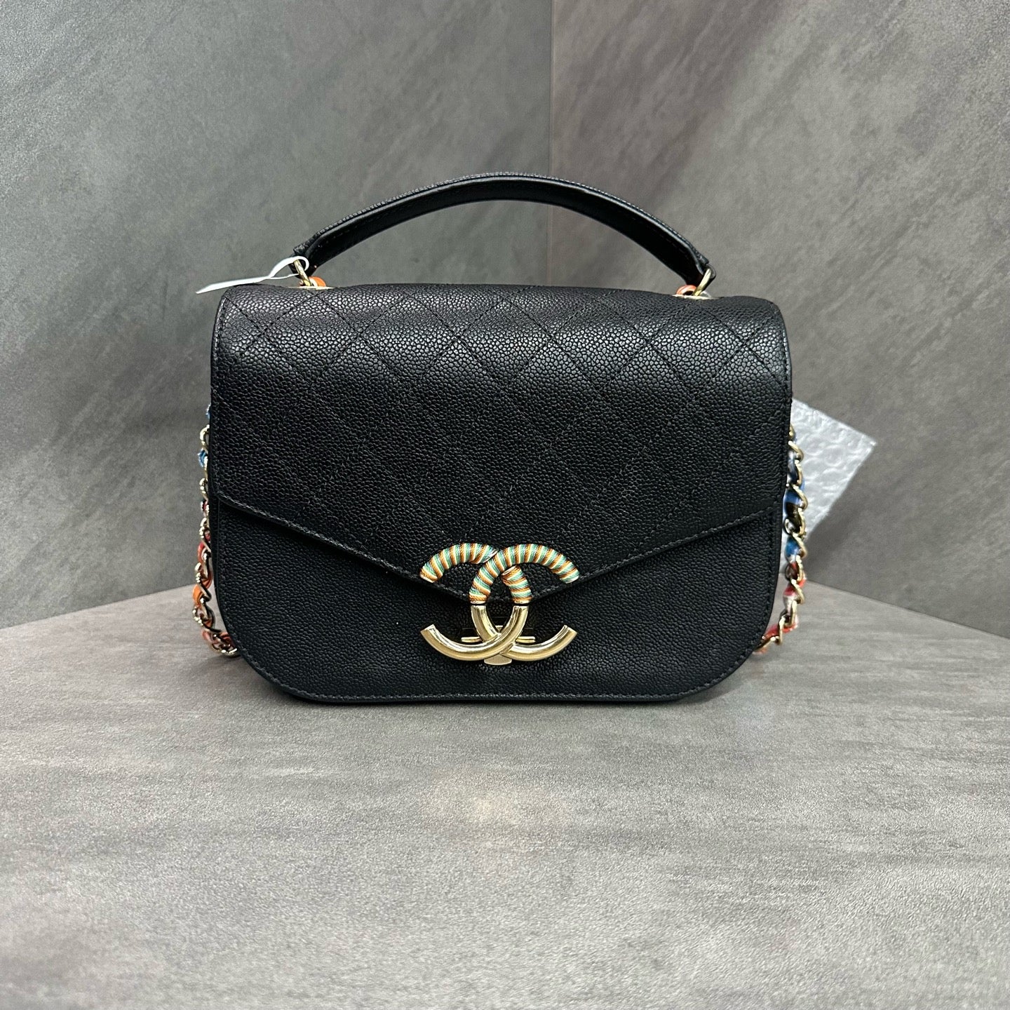 Chanel Cuban Messenger Bag, black litchi calfskin, gold mandarin duck clasp, clean interior, 23-series serial number