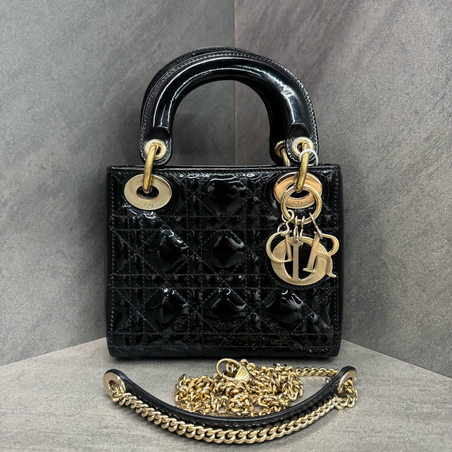 Dior Lady Dior Black and Gold Patent Leather Mini Cannage Bag, 2019 serial code