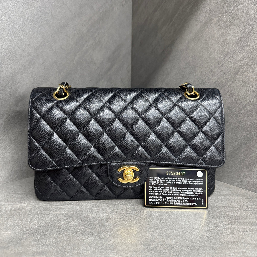 Chanel Medium Classic Flap, Black Gold, Caviar Leather, 27-series, with authenticity card, original condition, perfect shape