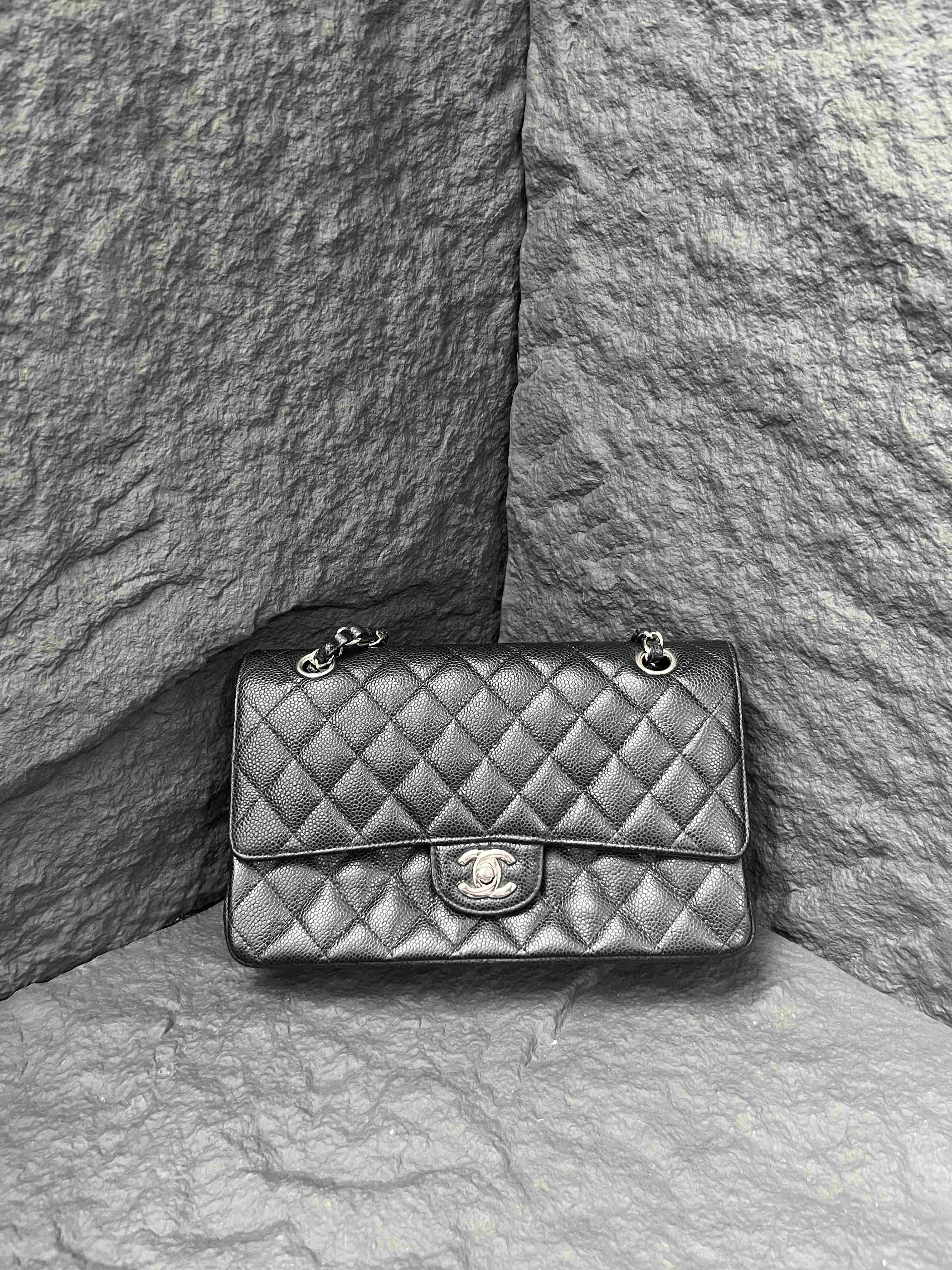 CHANEL Medium Classic Flap, black with silver hardware, caviar leather, 20th series, no card, in stock at favorable price