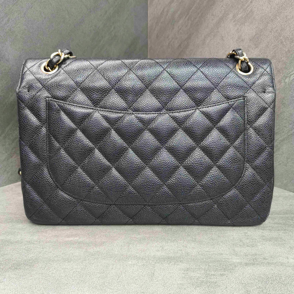 Chanel CF Jumbo Black and Gold Litchi Leather Chain Bag 16 Opening, Structured Shape, Clean Interior