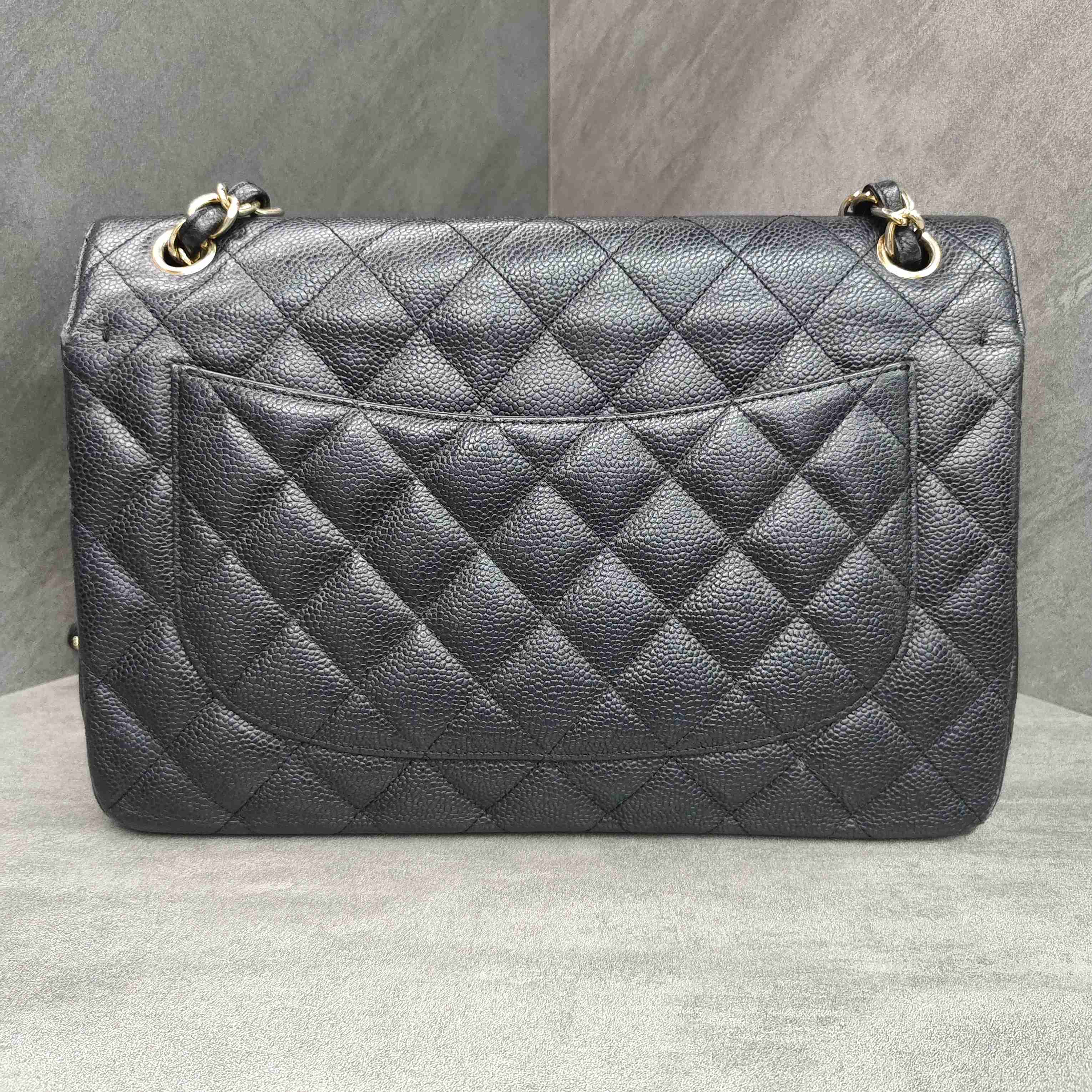Chanel CF Jumbo Black and Gold Litchi Leather Chain Bag 16 Opening, Structured Shape, Clean Interior