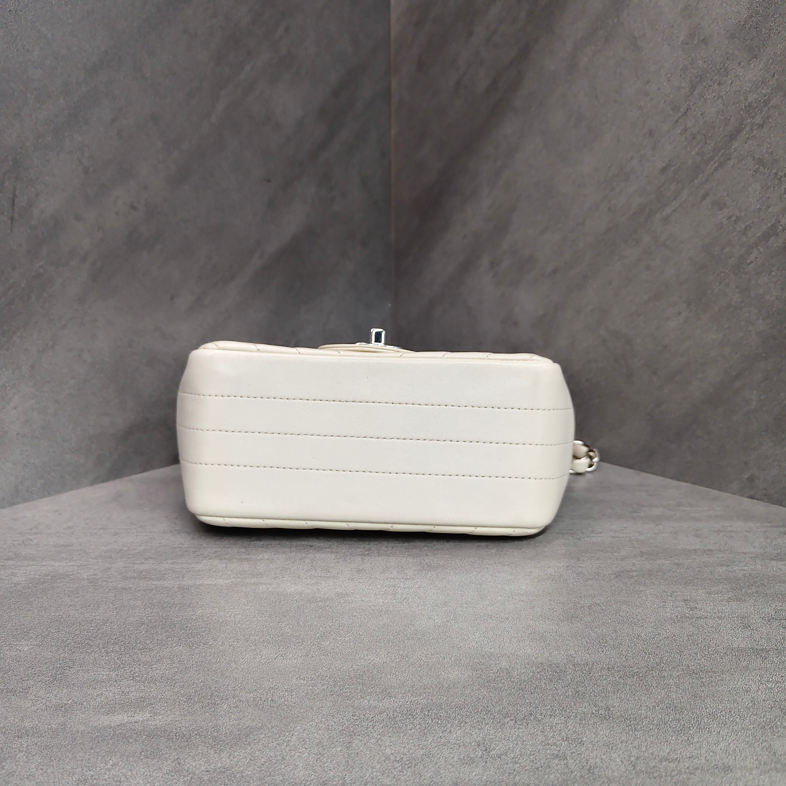 Chanel CF Square Pouch White V-Pattern Lambskin Silver Hardware Chain Bag + 30% Off + Includes Card