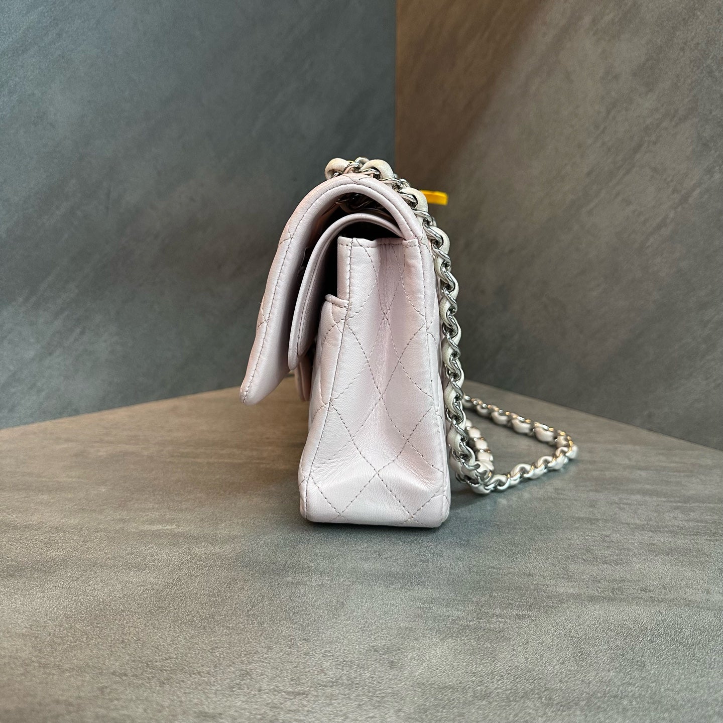 Chanel Medium Classic Flap Pink Silver Lambskin Chain Bag, 25-series code, structured shape, clean interior