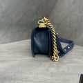 Chanel Le Boy Small Blue Golden Calfskin Chain Bag 24K with Card, Structured Shape, Clean Interior