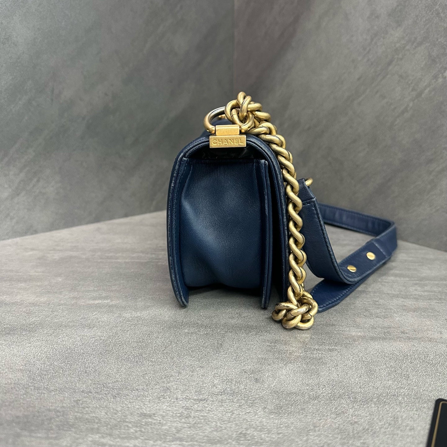 Chanel Le Boy Small Blue Golden Calfskin Chain Bag 24K with Card, Structured Shape, Clean Interior