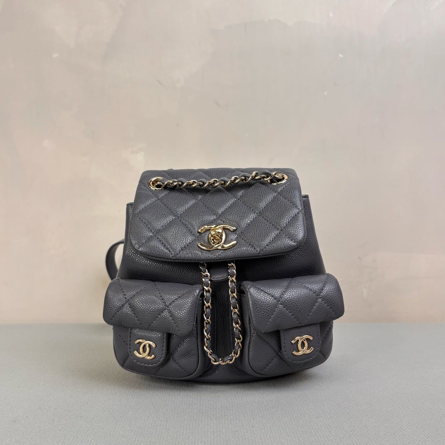 Chanel Duma Frog Bag Small Backpack in Grey and Gold Litchi Leather, 99% New, Size 18*17.