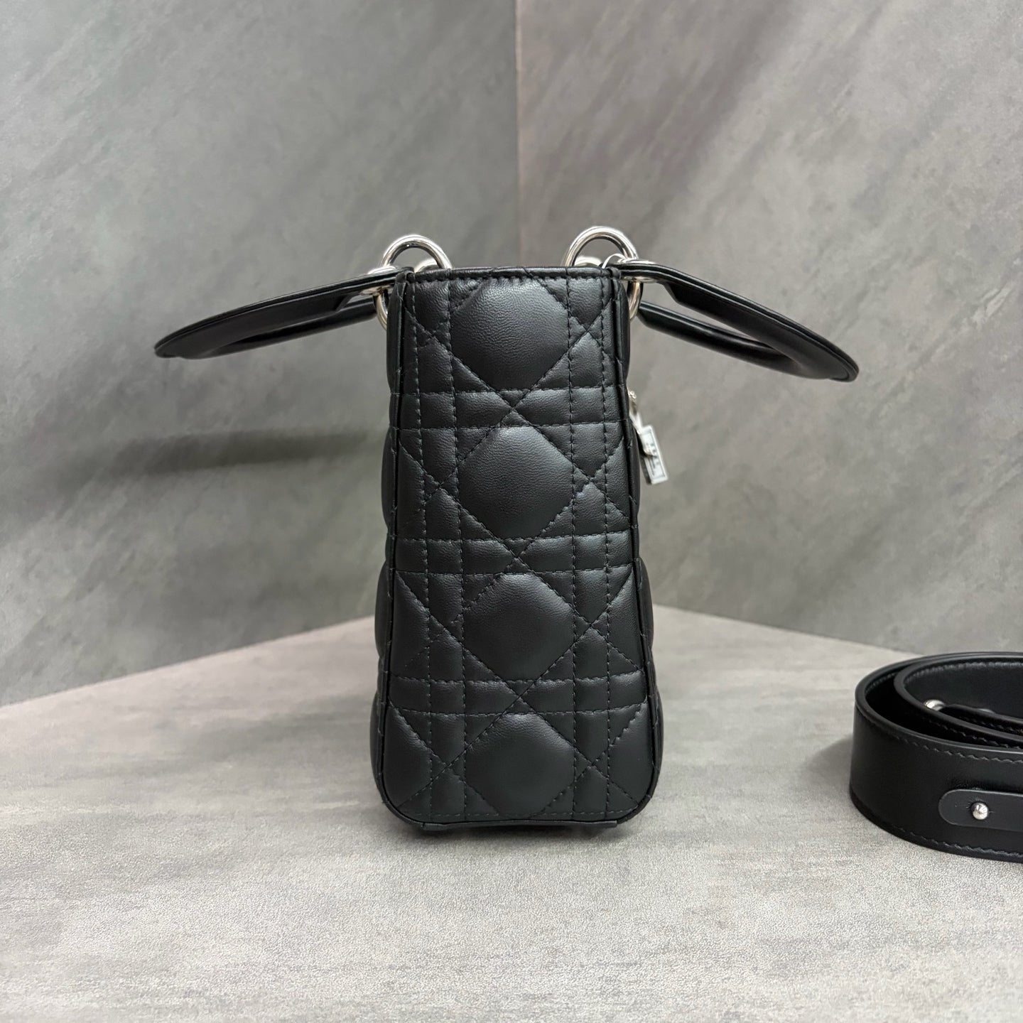 Dior Lady Dior, four-grid, black and silver lambskin, 2019 serial code, structured shape, pristine condition, original condition