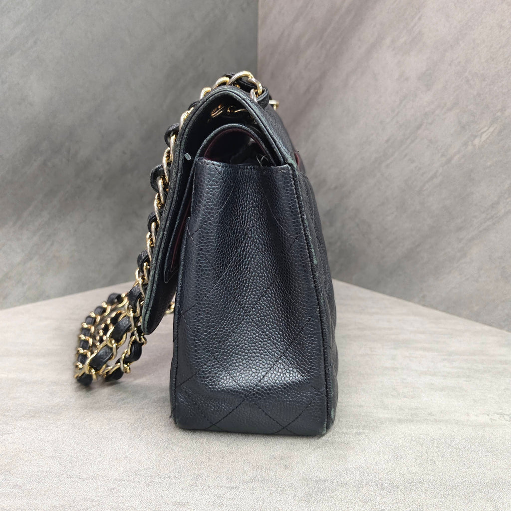Chanel CF Jumbo Black and Gold Litchi Leather Chain Bag 16 Opening, Structured Shape, Clean Interior