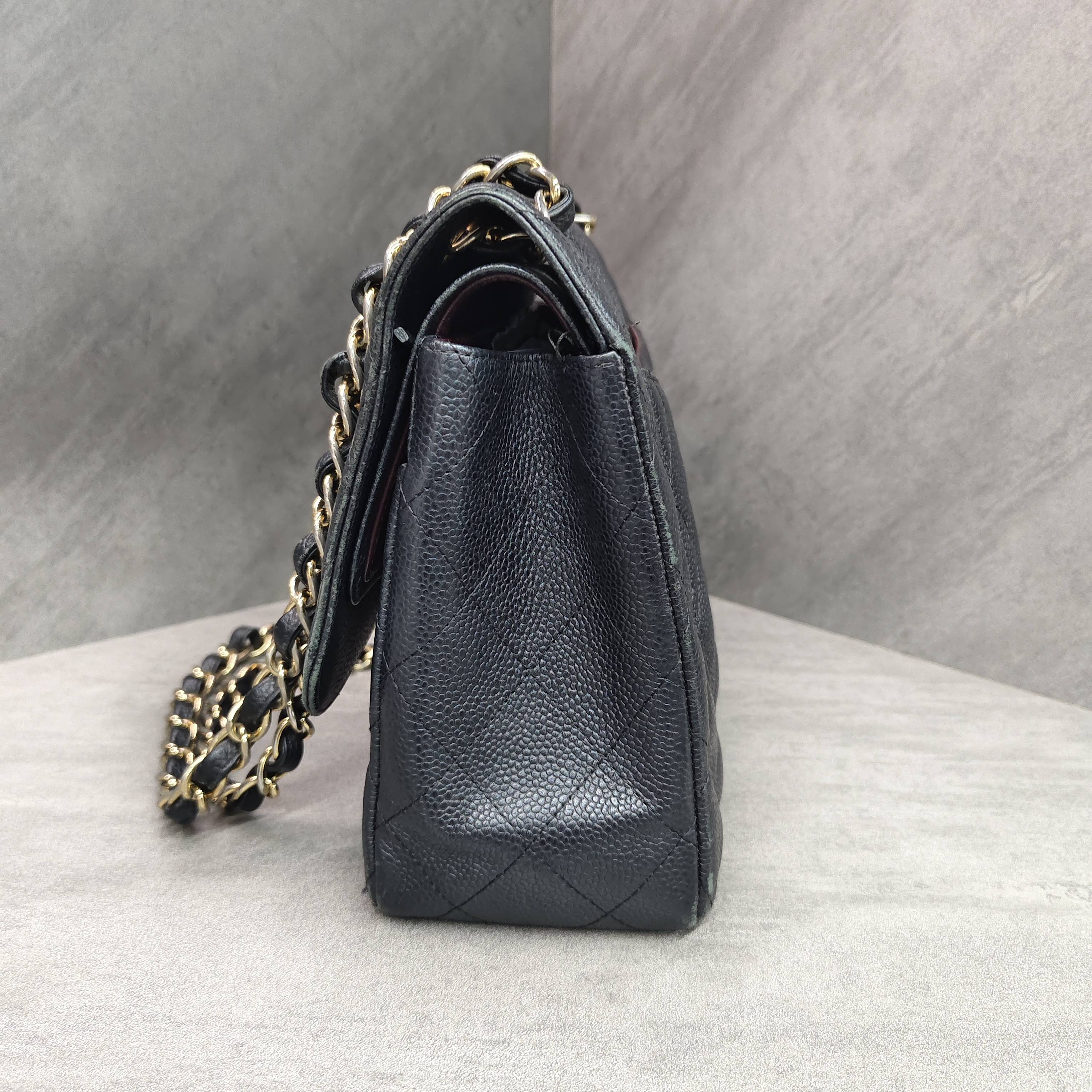 Chanel CF Jumbo Black and Gold Litchi Leather Chain Bag 16 Opening, Structured Shape, Clean Interior