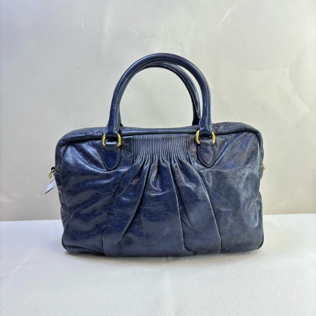 Miu Miu Blue Ruched Oil Wax Leather Tote Crossbody Bag Size 27*20 Excellent Condition 98% New