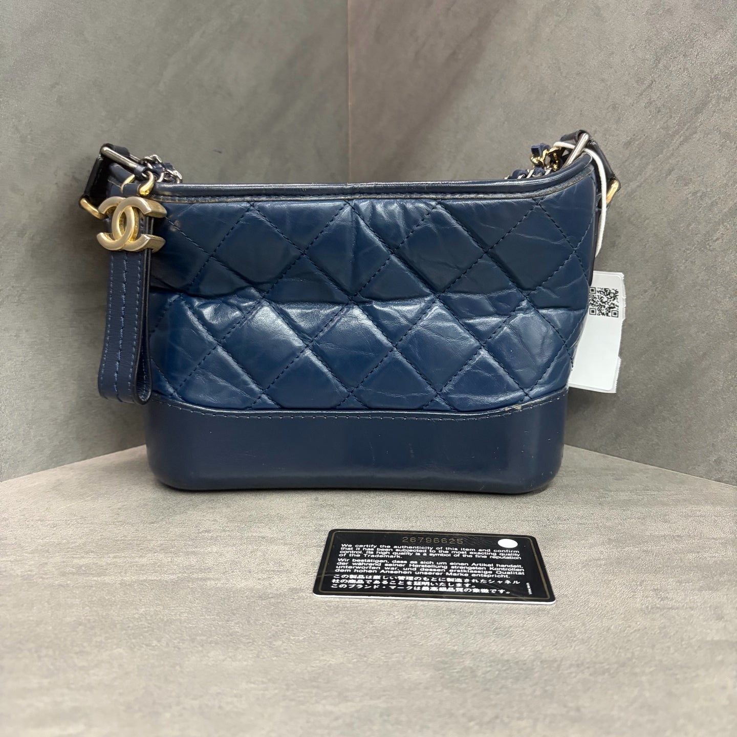 Chanel Gabrielle small size, gold-tone hardware, calfskin, navy blue, 26th production code, with authenticity card