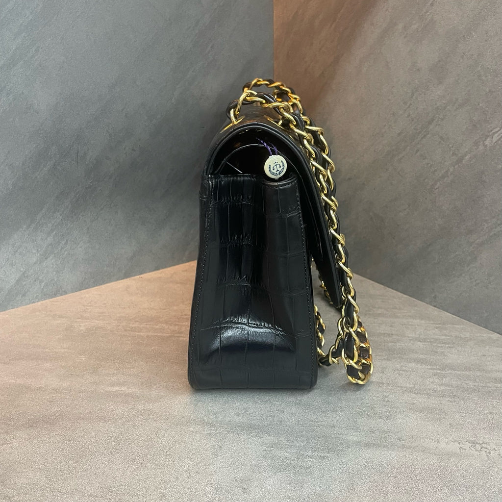 Chanel CF jumbo large black gold buckle crocodile leather bag, structured shape, clean interior, no wear on the corners, 19 series.