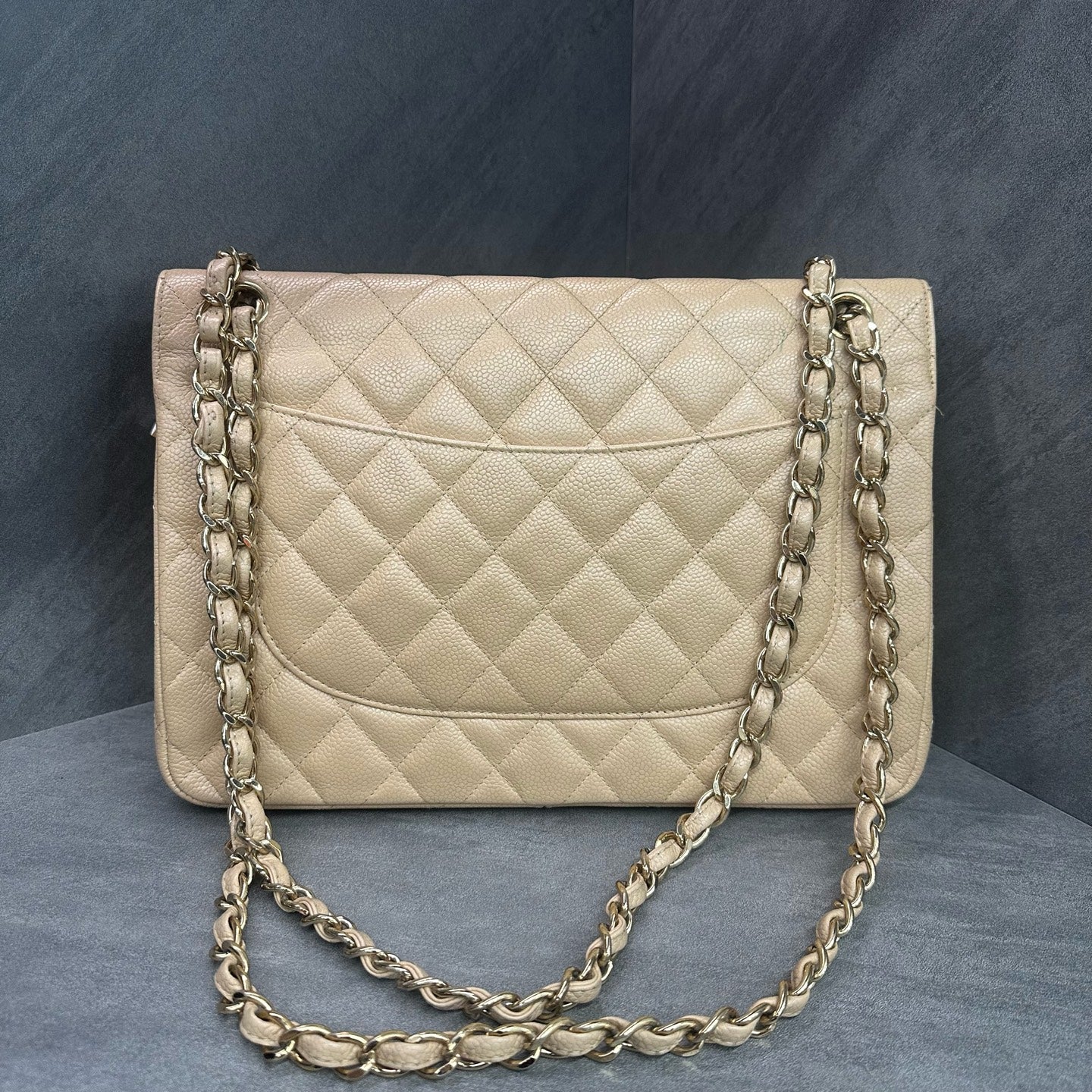 Chanel CF Jumbo Beige Gold Hardware Litchi Leather Chain Bag 18K