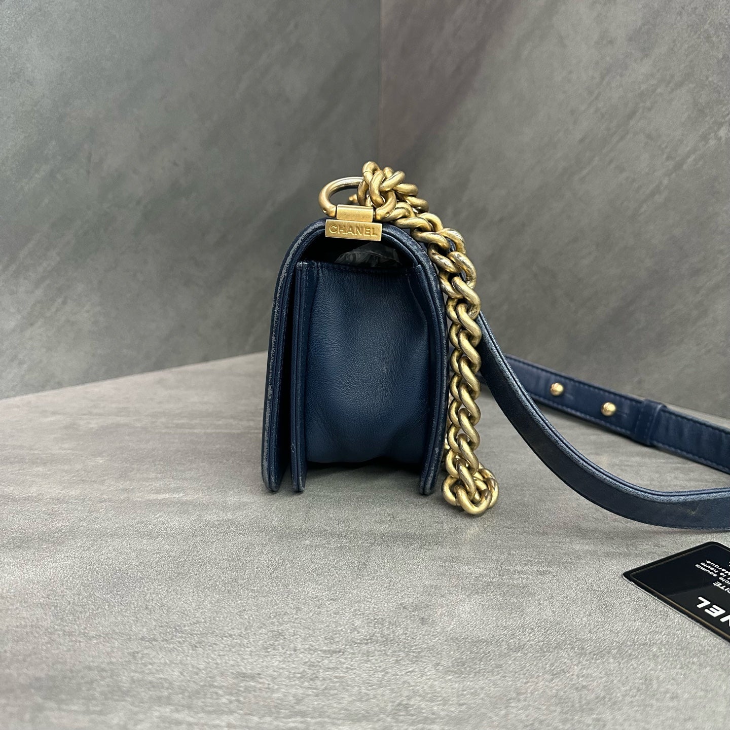 Chanel Le Boy Small Blue Golden Calfskin Chain Bag 24K with Card, Structured Shape, Clean Interior