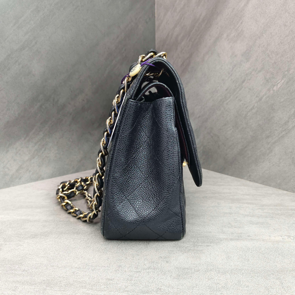 Chanel CF Jumbo Black and Gold Litchi Leather Chain Bag 16 Opening, Structured Shape, Clean Interior