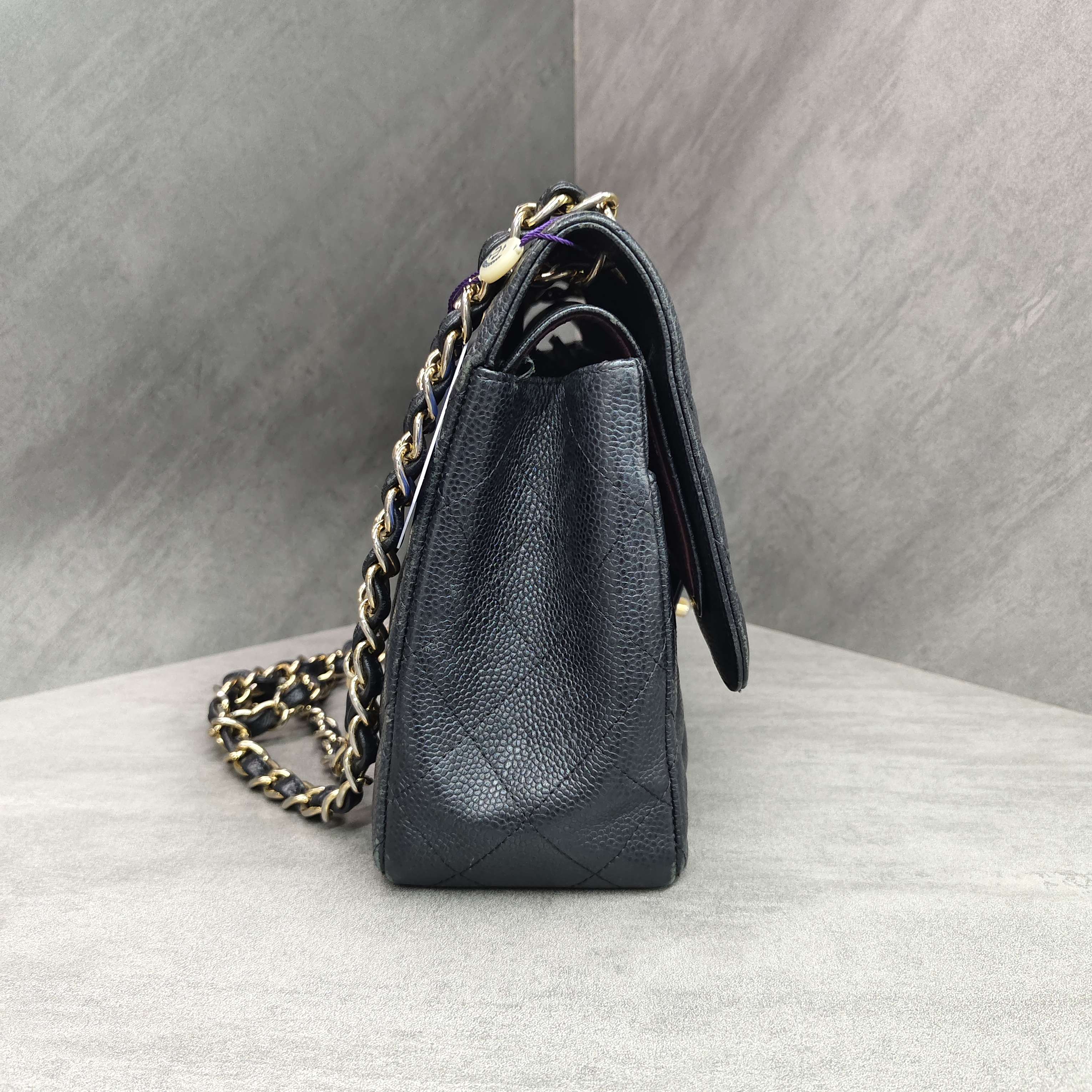 Chanel CF Jumbo Black and Gold Litchi Leather Chain Bag 16 Opening, Structured Shape, Clean Interior