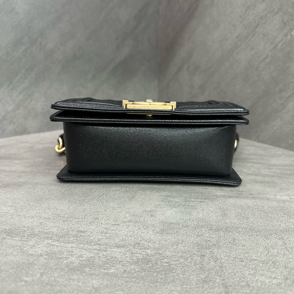 Chanel Le Boy Small Black Gold Lambskin Chain Bag 26 opening, structured shape, clean interior.