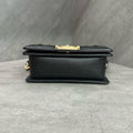 Chanel Le Boy Small Black Gold Lambskin Chain Bag 26 opening, structured shape, clean interior.
