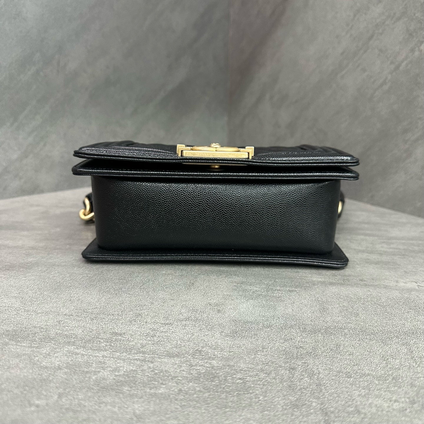 Chanel Le Boy Small Black Gold Lambskin Chain Bag 26 opening, structured shape, clean interior.