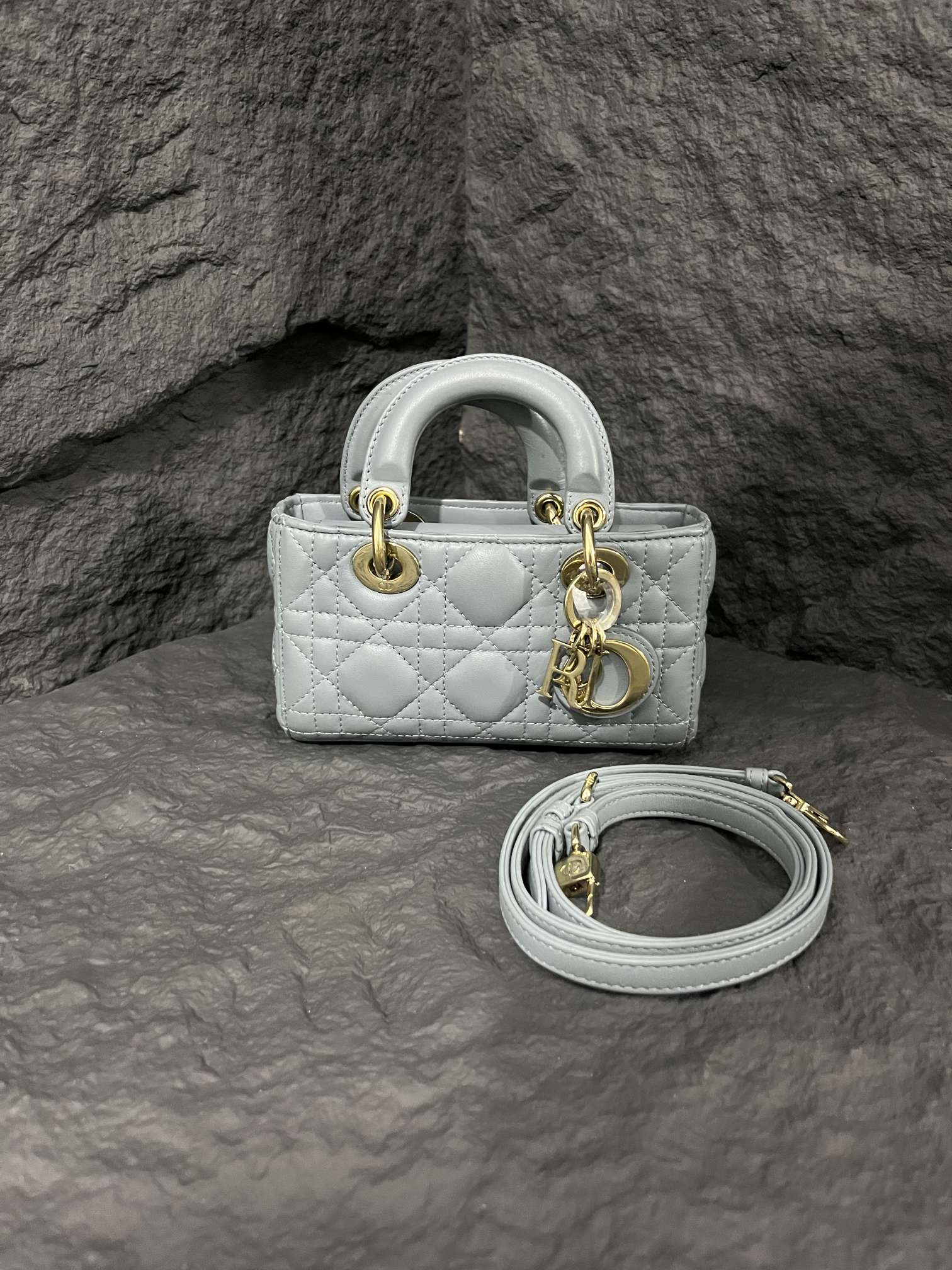 Dior Lady D-Joy Mini, three-compartment horizontal style, grey, gold-tone hardware, 2022 serial code, adjustable shoulder strap