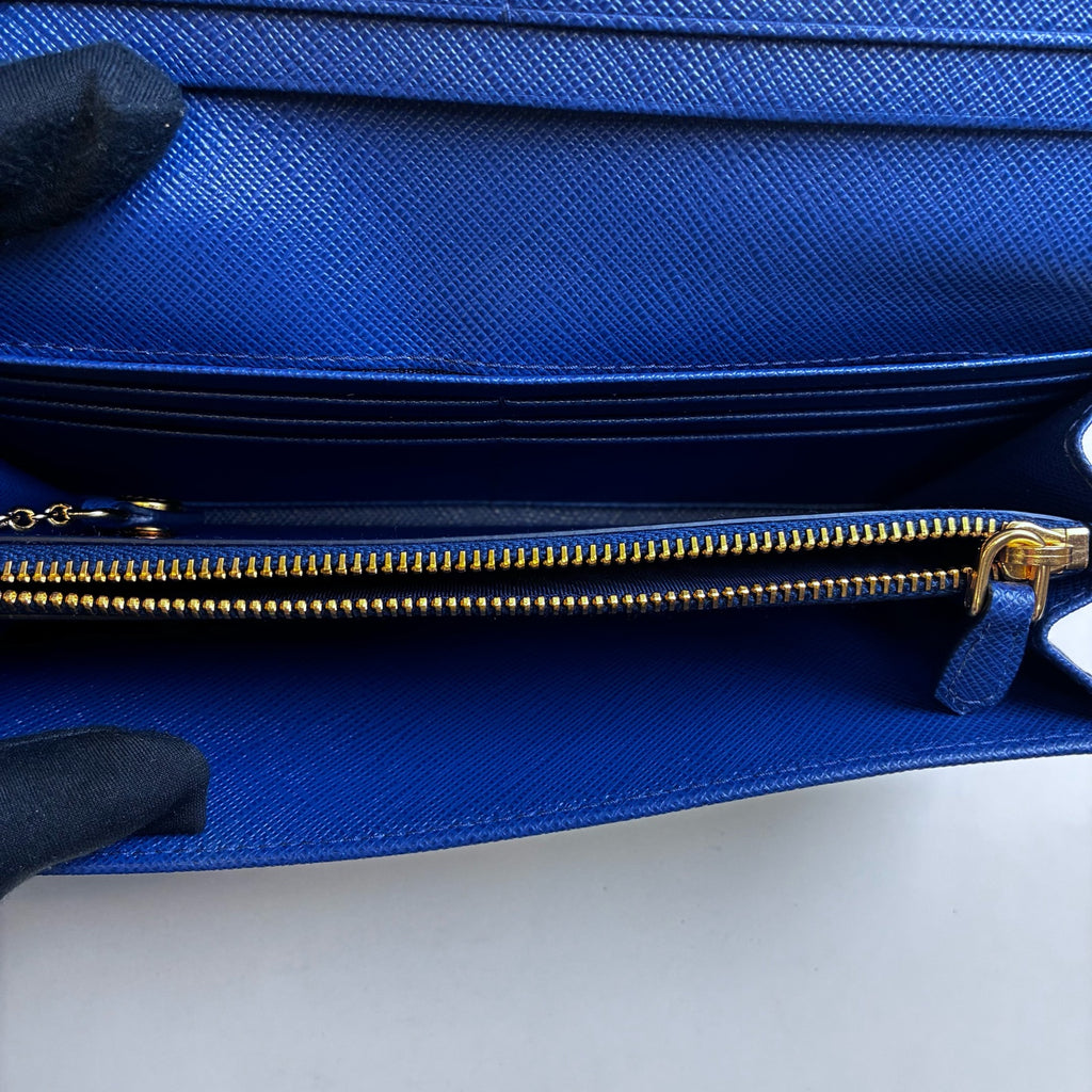 Prada Deep Blue Cross Grain Leather Flap Long Wallet 99% New Size: 18.5×9