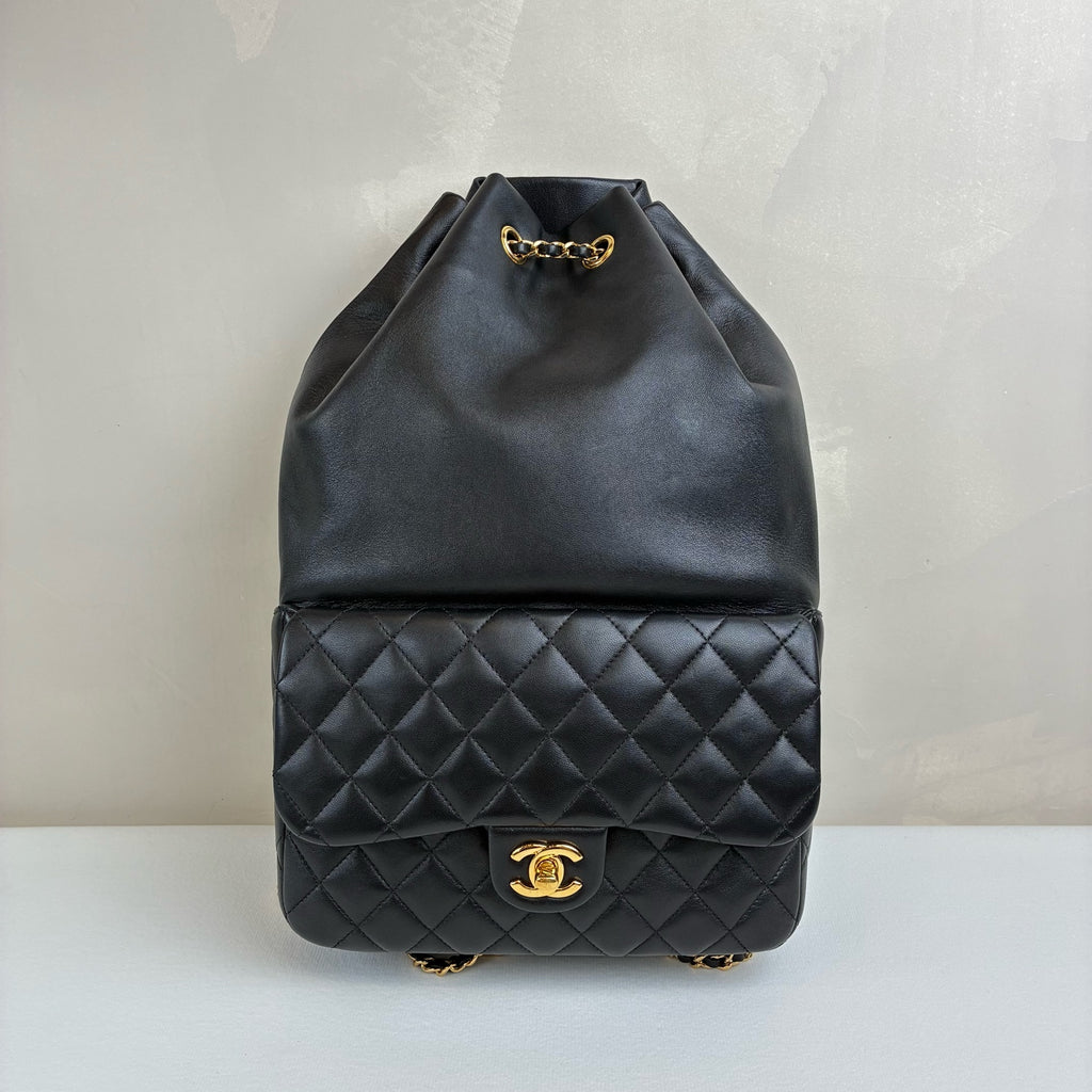 Chanel 23 Opening Black Gold Drawstring Backpack Lambskin Jennie's Style Size 22*35.5