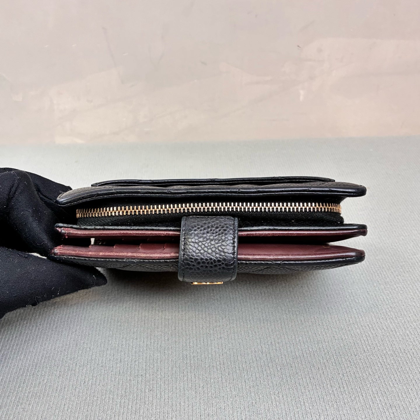 Chanel Black Gold Litchi Leather Short Wallet, 21 Series, Classic Diamond Pattern, Gold Logo Clasp, Interior Burgundy Color, 98% New Condition.