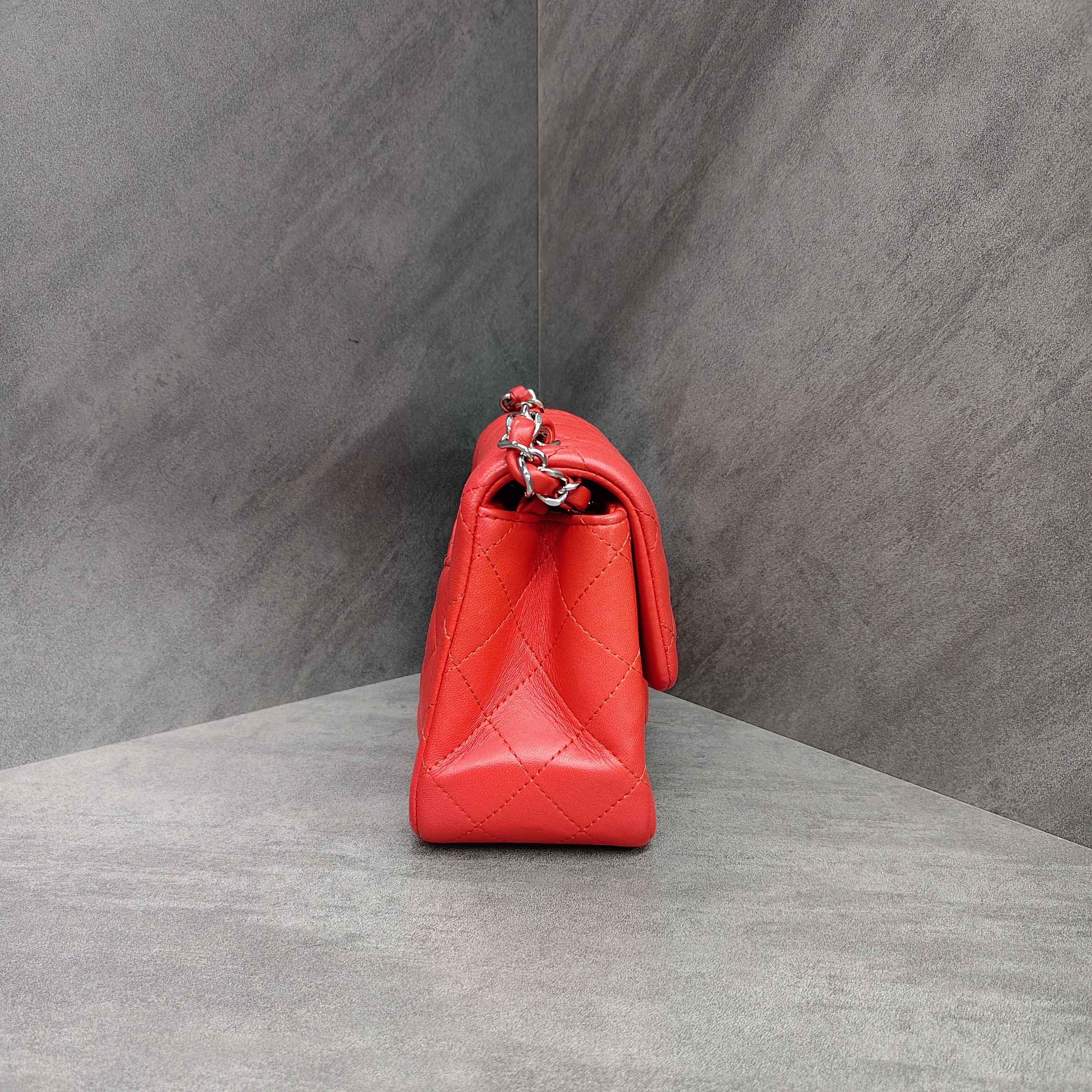 Chanel CF Square Flap Bag in Red Silver Lambskin with Chain, Size 27, comes with card, structured shape, and clean interior.