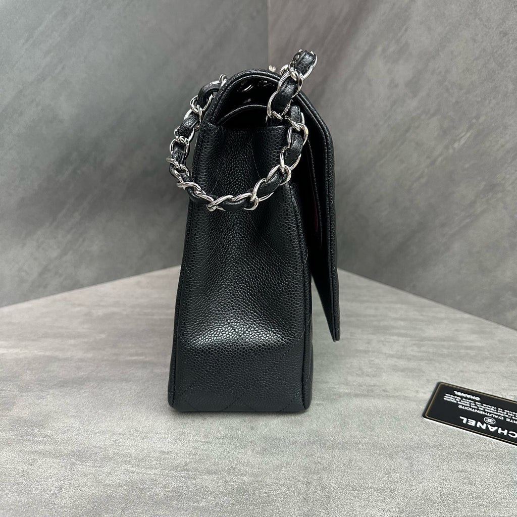 Chanel CF Maxi Black Silver Hardware Caviar Leather Chain Bag 15 Series with Card, structured shape, clean interior.
