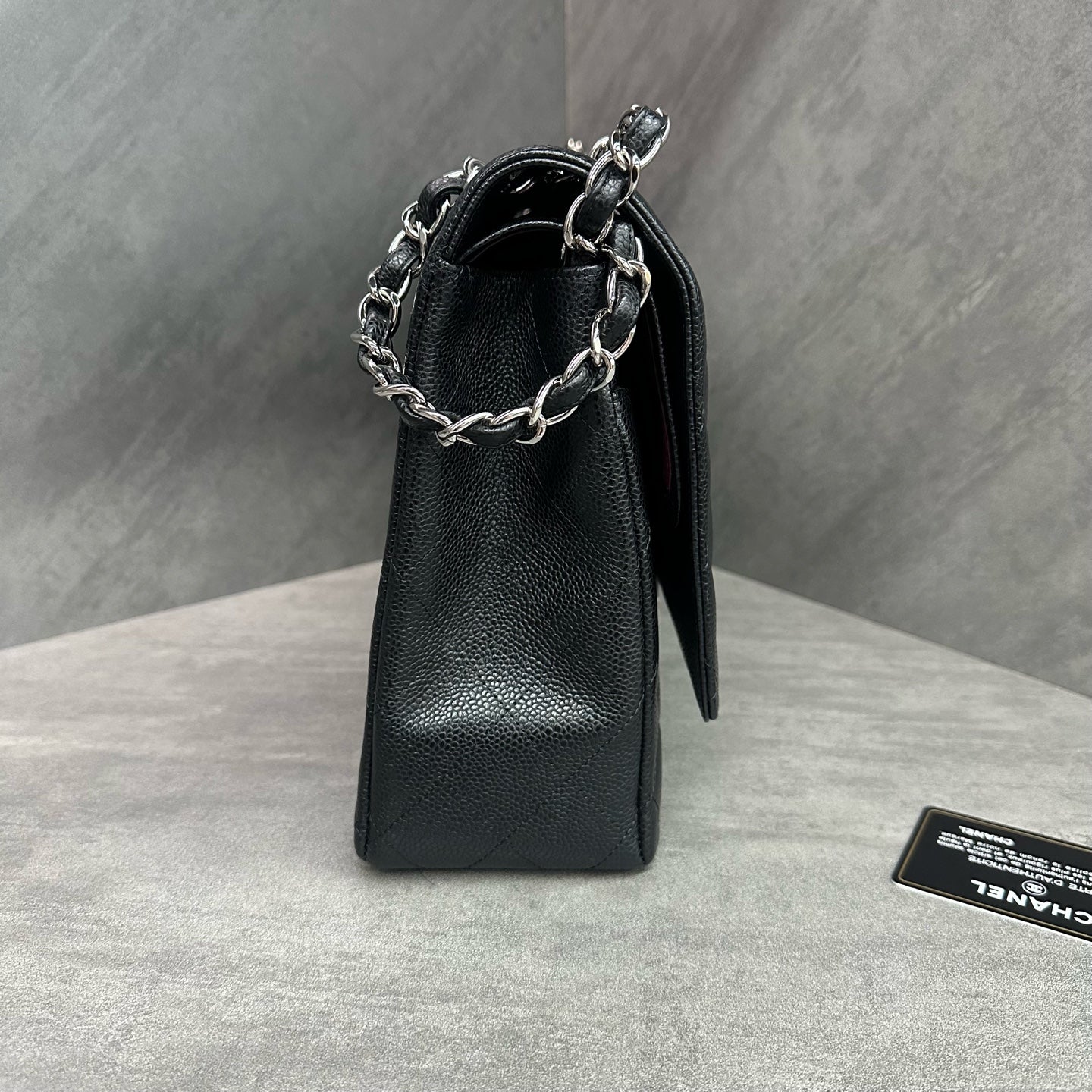 Chanel CF Maxi Black Silver Hardware Caviar Leather Chain Bag 15 Series with Card, structured shape, clean interior.