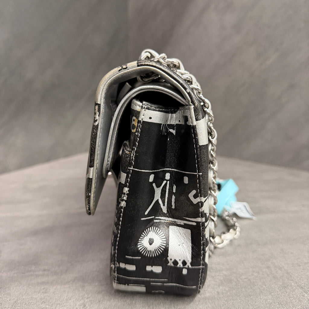 Chanel CF Medium Black and White Newspaper Graffiti Bag, three-dimensional shape, clean interior.