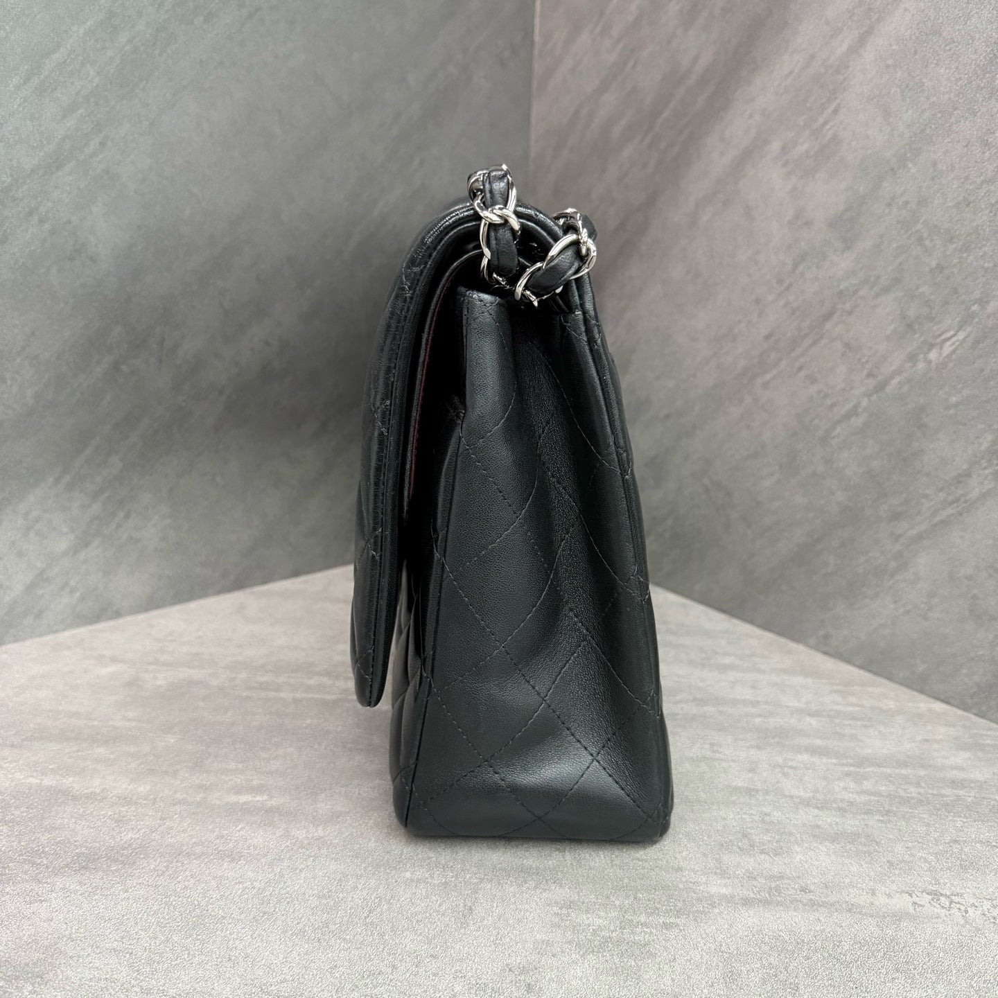 Chanel CF Maxi Black Lambskin Chain Bag with Silver Hardware, Size 16, Structured Shape, Clean Interior