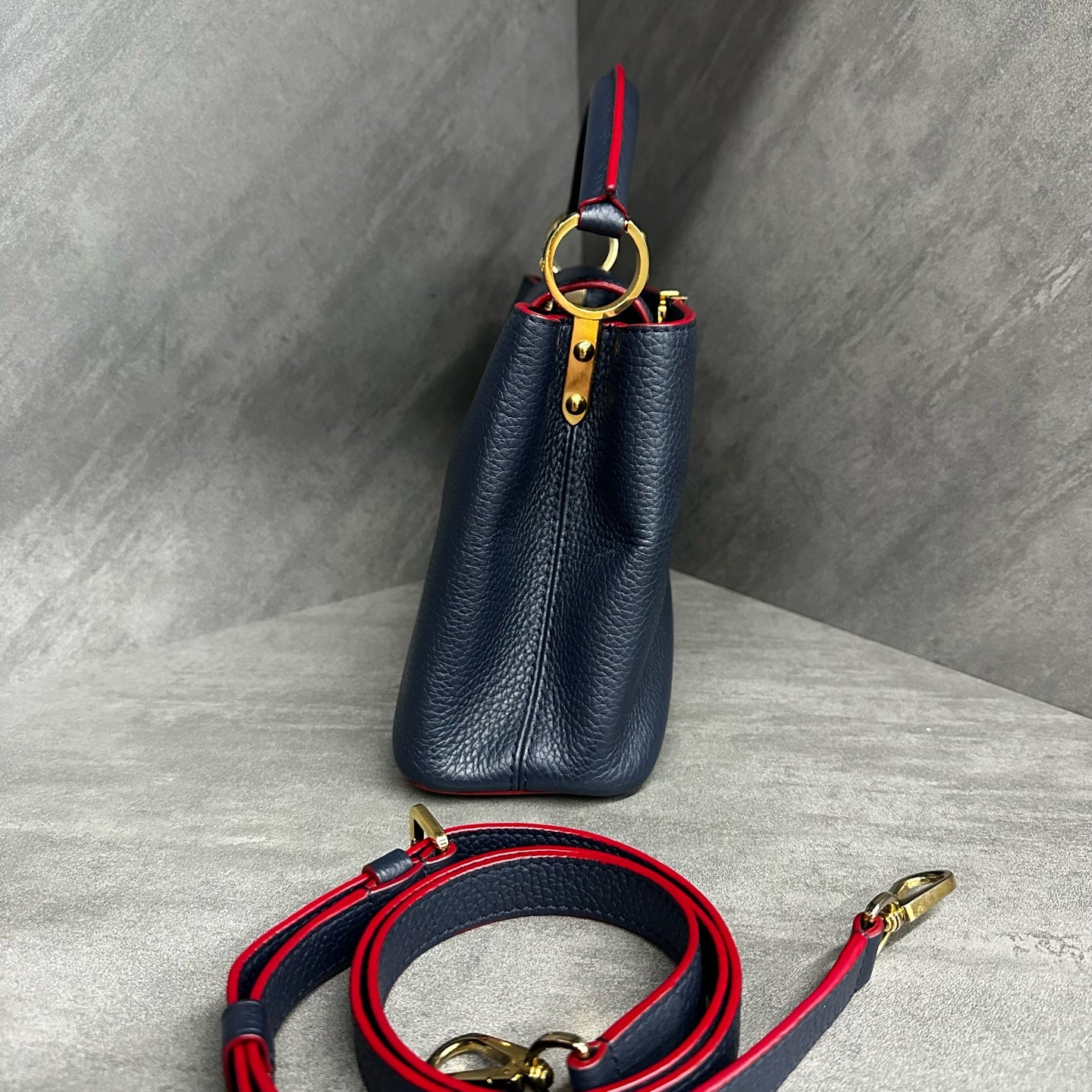 LV Dark Blue Capucines BB, Grained Calfskin, Gold Hardware, 2019 Serial Number, Adjustable Strap (Consignment)