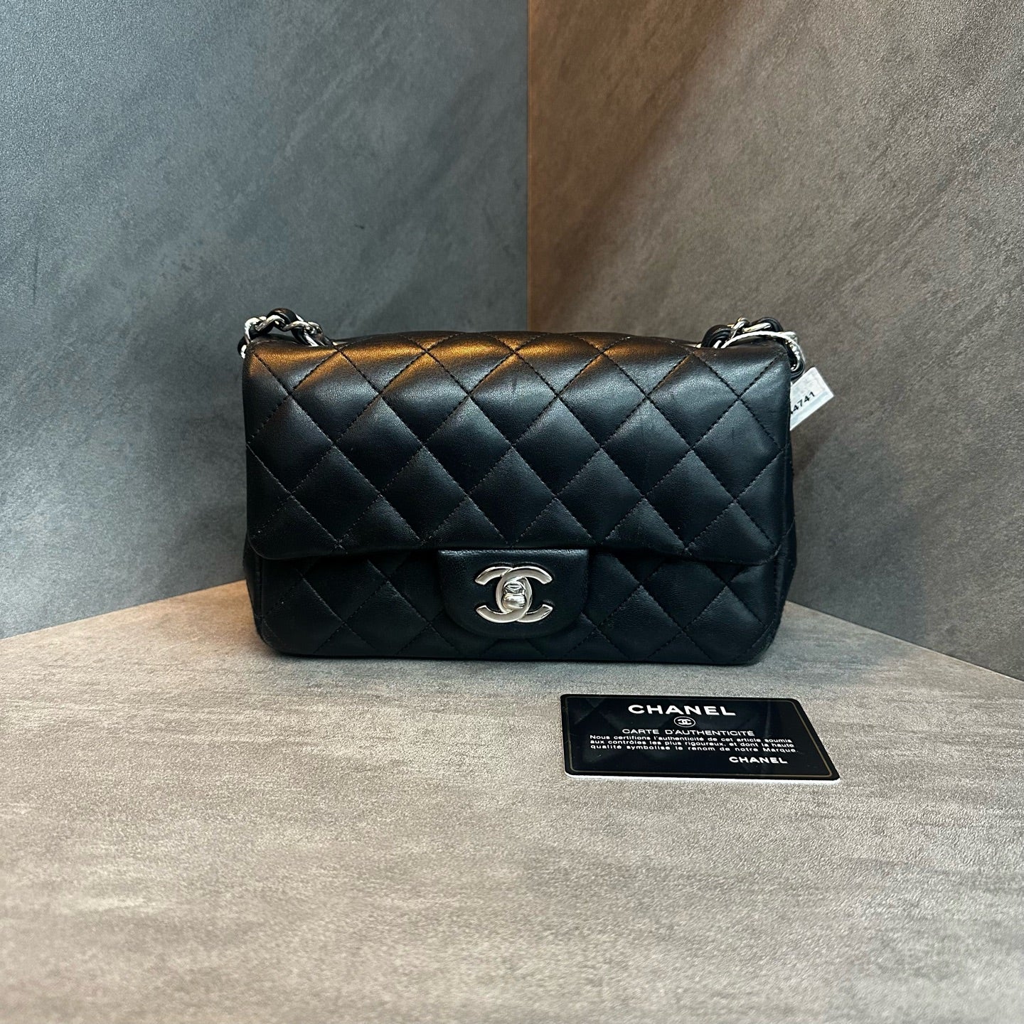 Chanel Large Mini Black Silver Lambskin Chain Bag, 27-series with authenticity card, structured shape, clean interior