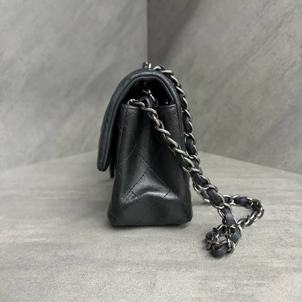 Chanel CF Mini Black and Silver Lambskin, 23 Open, No Card, Structured Shape, Clean Interior.