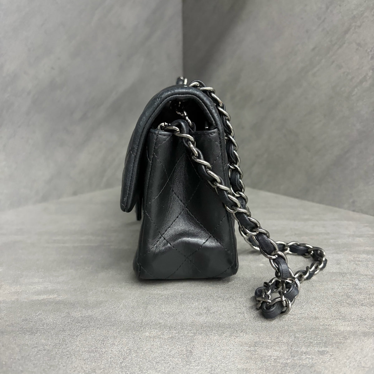 Chanel CF Mini Black and Silver Lambskin, 23 Open, No Card, Structured Shape, Clean Interior.