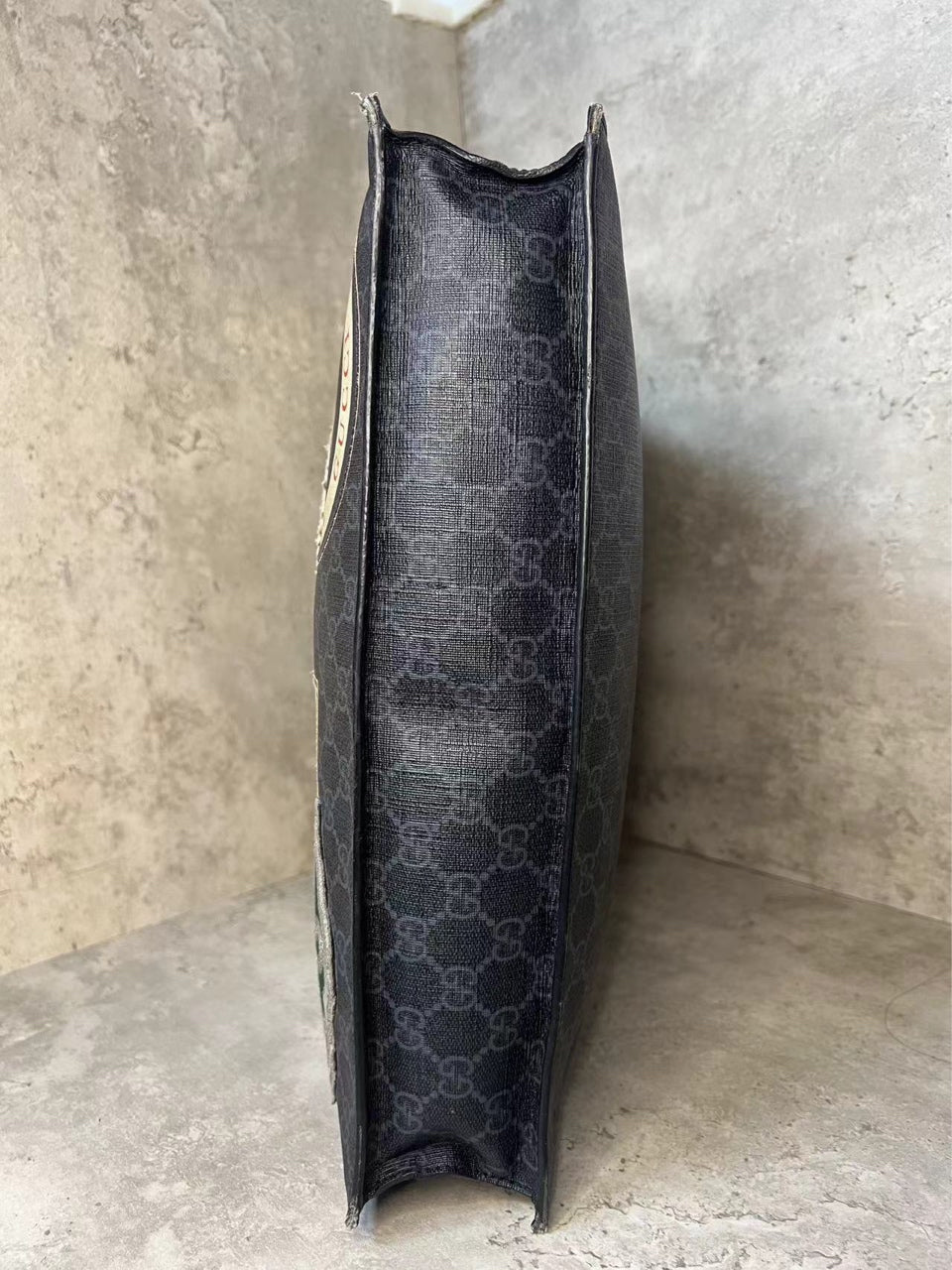 Gucci Tiger Head UFO Embroidered Monogram Logo Badge Striped Webbing Strap Vertical Tote Bag, Shoulder Crossbody Handbag, Grayish Black