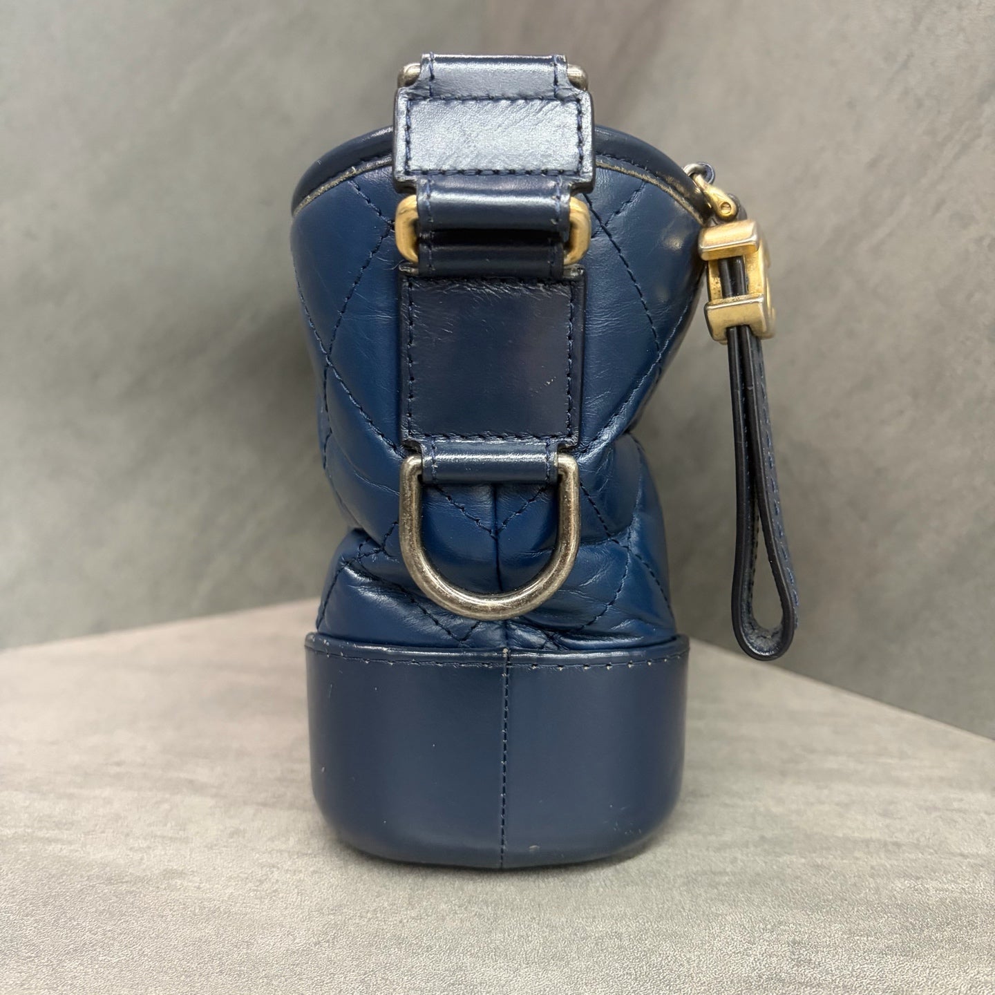 Chanel Gabrielle small size, gold-tone hardware, calfskin, navy blue, 26th production code, with authenticity card
