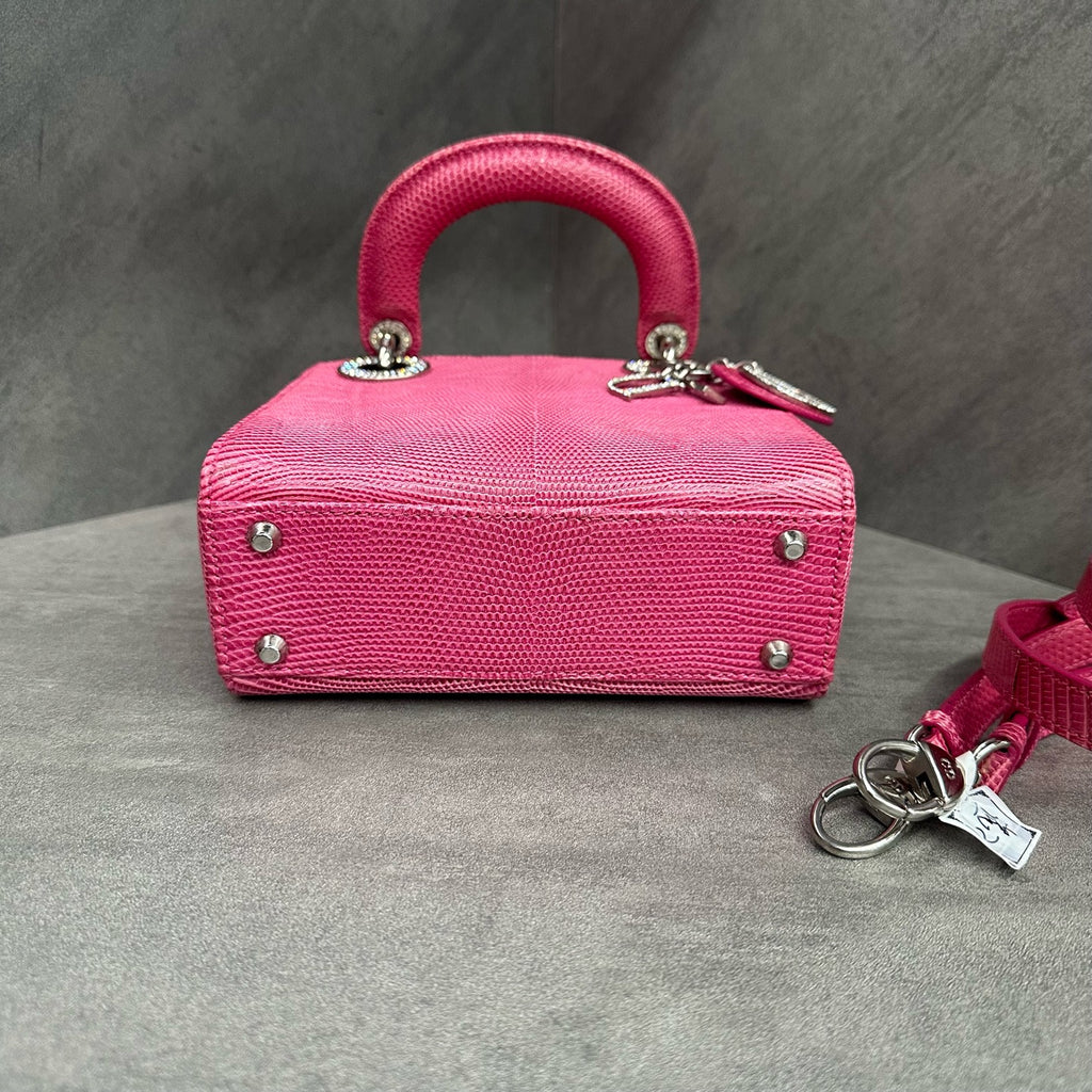 Dior fuchsia lizard skin diamond-embellished clasp three-panel Lady Dior, 2020