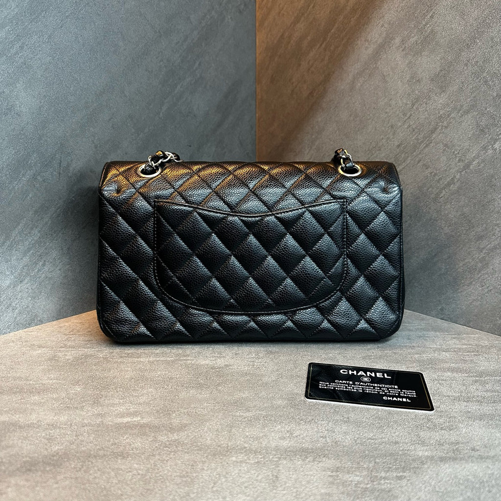 Chanel Medium Classic Flap, Black with Silver Hardware, Caviar Leather, 26 Series with Authenticity Card, Structured Shape, Clean Interior