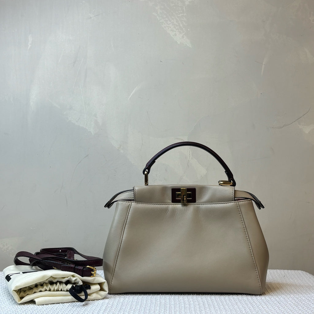 Fendi Peekabo Leather Bag, Light Grey with Dark Red, 98% New, Size 24*19, Shoulder Bag