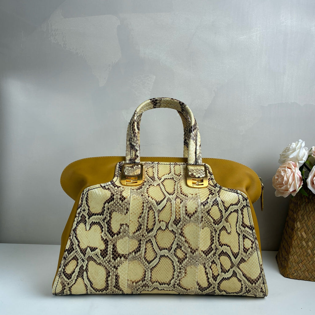 Fendi Python Tote Bag, yellow patchwork, gold hardware, dimensions 38*25, with shoulder strap.