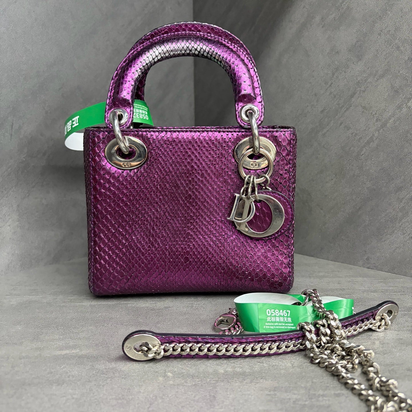 Dior Lady Dior, three-grid purple snakeskin, 2015 chain shoulder strap, structured silhouette, in stock at a great price