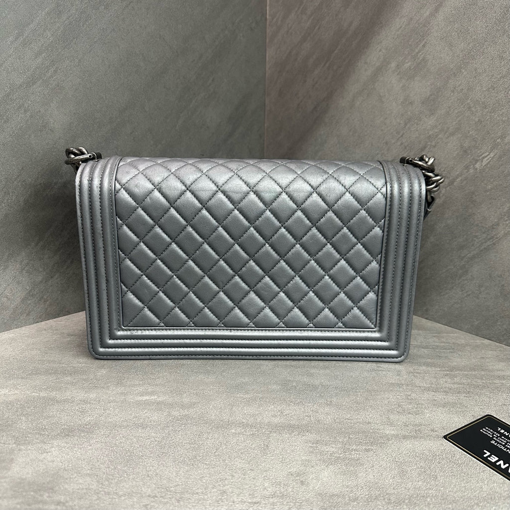 Chanel Leboy Medium-Large, Silver-Grey Smooth Calfskin, Silver Hardware, 20 Series with Authenticity Card