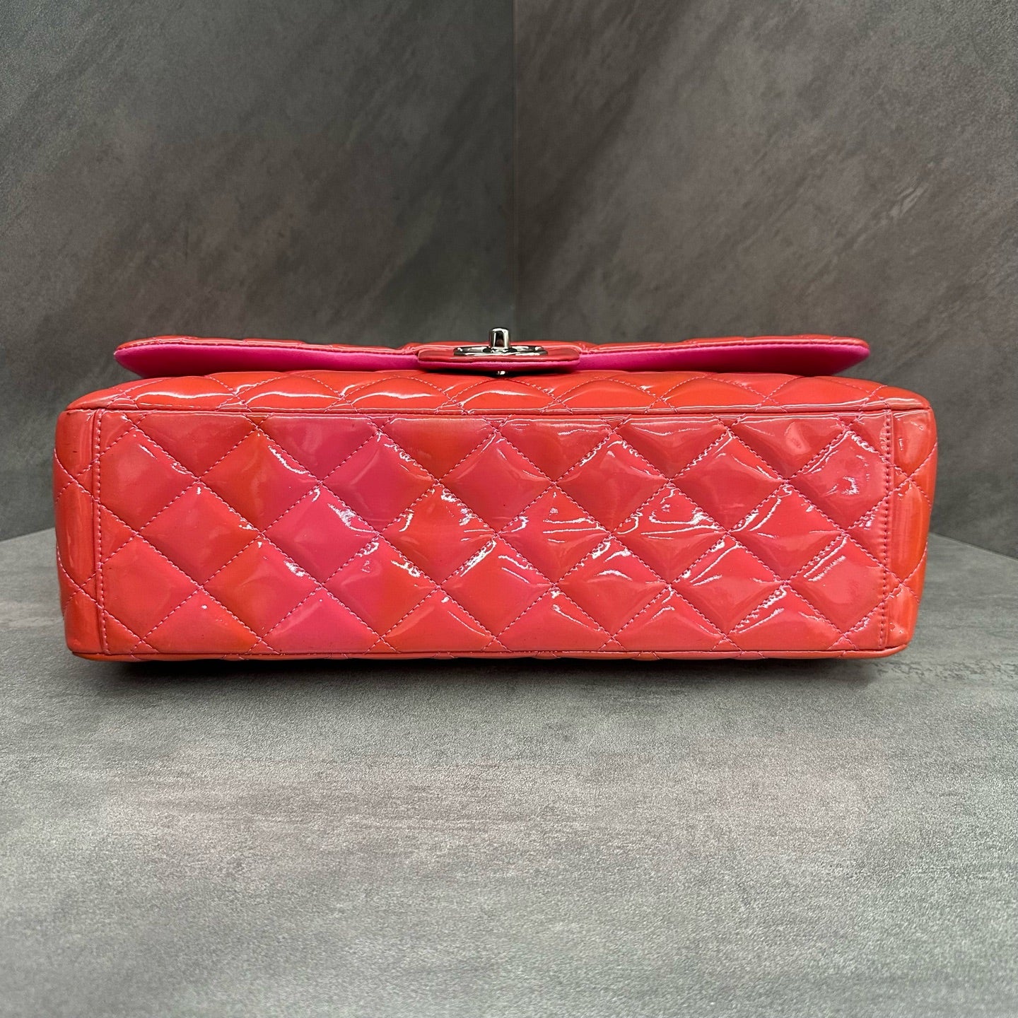 Chanel CF Maxi Pink Silver Patent Leather Chain Bag, Size 14, Structured Shape, Clean Interior.