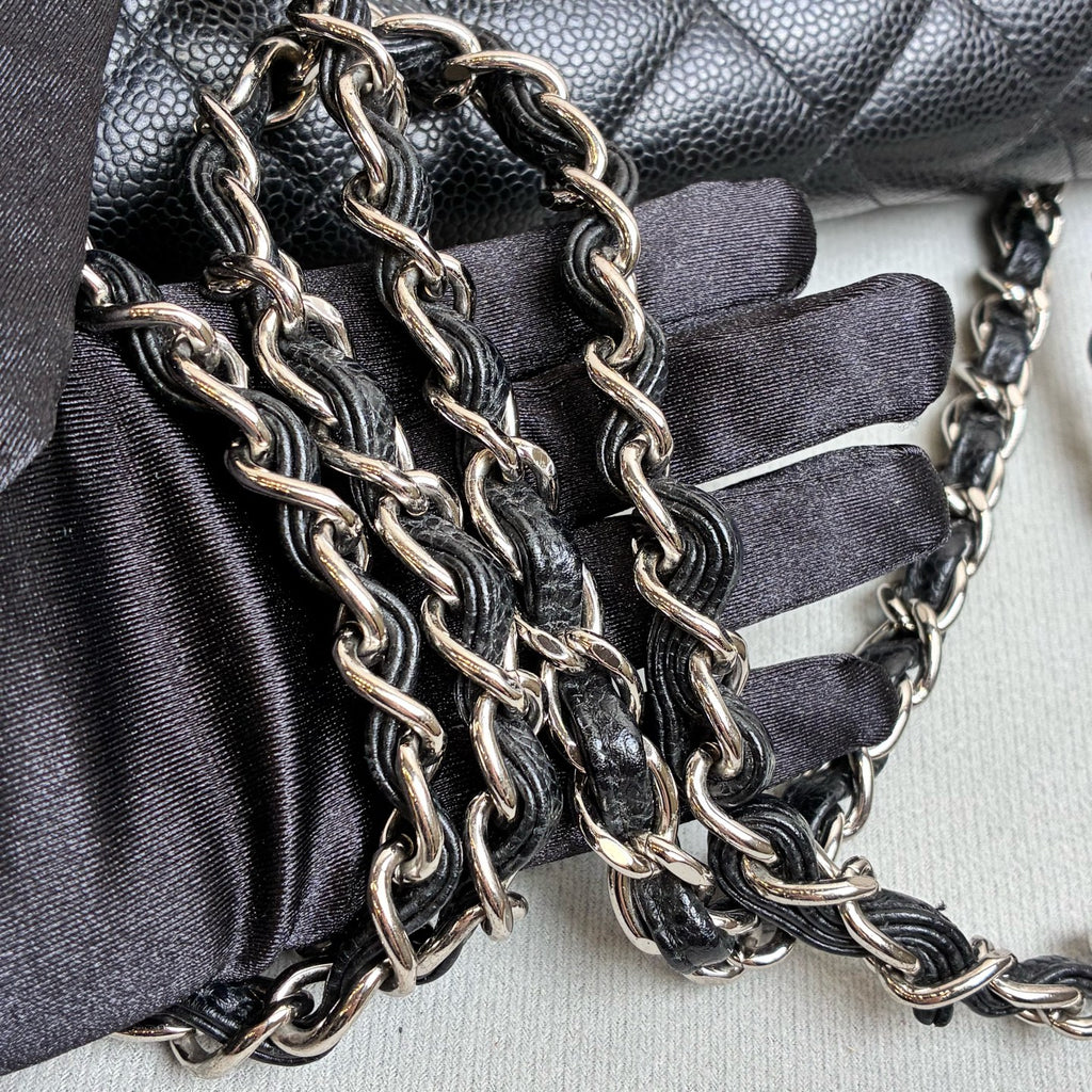 Chanel 99% New CF Maxi 23 Open Black and Silver Litchi Leather Chain Bag Size 33*23