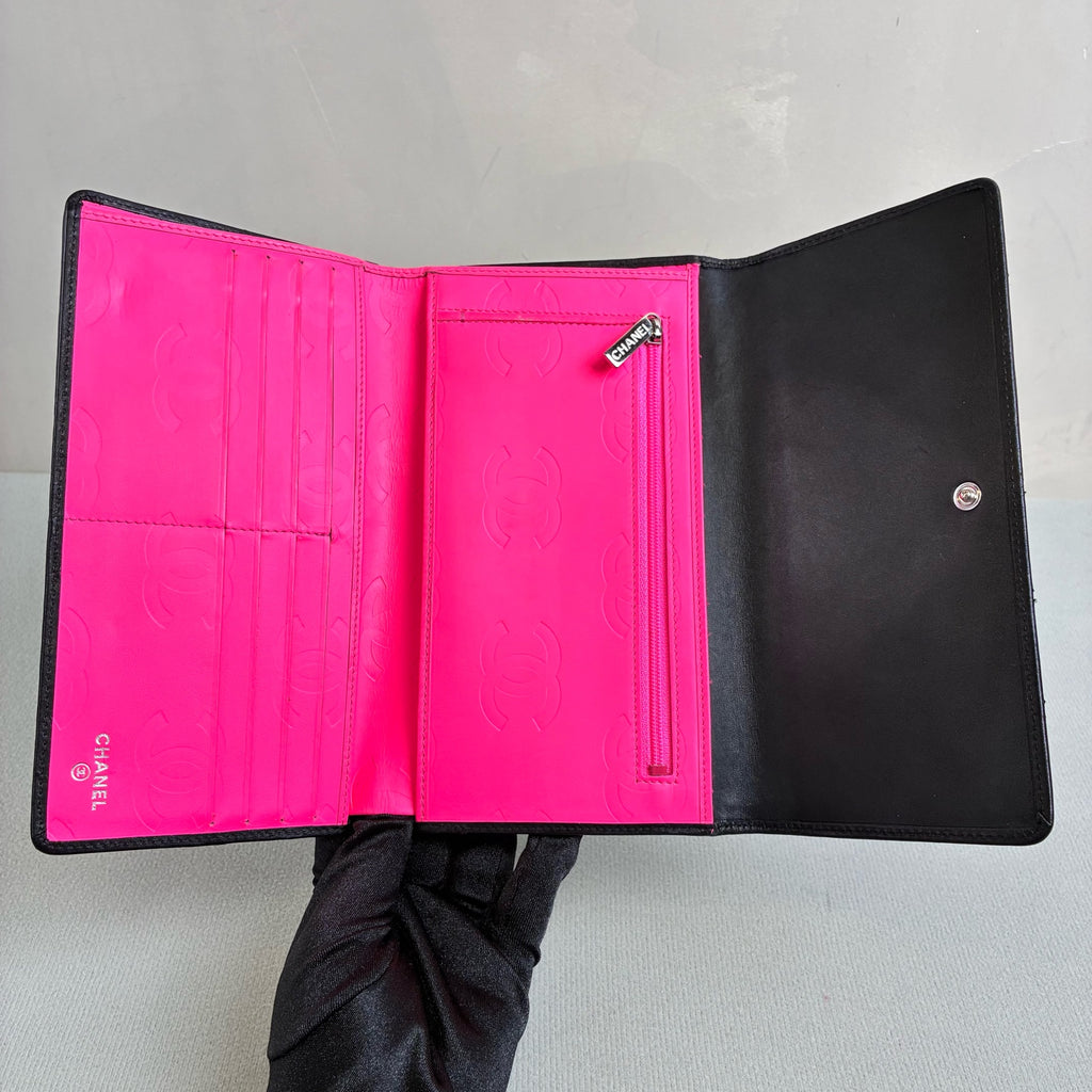 Chanel 16 Open Black Long Wallet Cowhide Material Interior with Multiple Fuchsia Card Slots Size 20*12