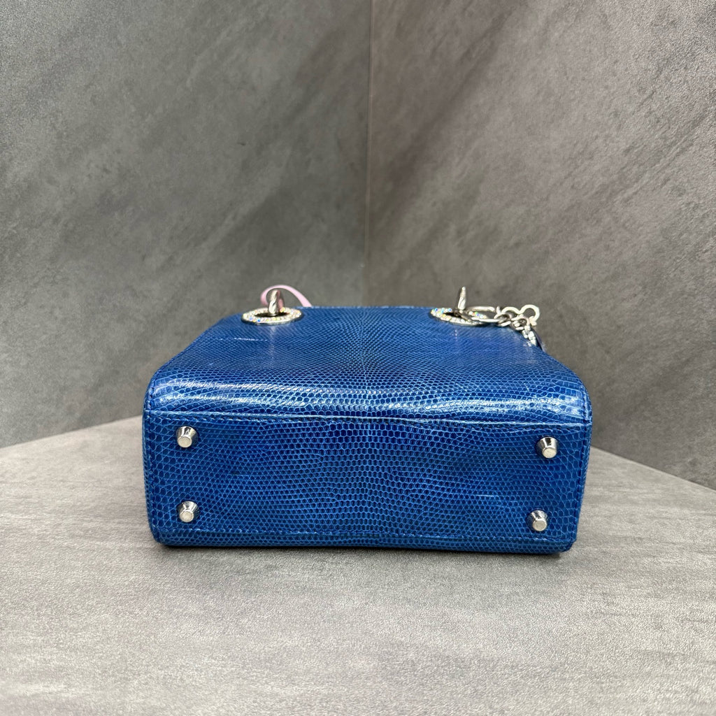 Dior Lady Dior Small (Three-Grid) Blue Diamond-Clasp Lizard Skin Handbag, with structured silhouette, clean interior, 15-series serial code, adjustable shoulder strap